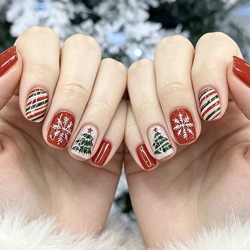 Press-On Nail Set Festive Holiday Designs 24-Piece Long-Lasting