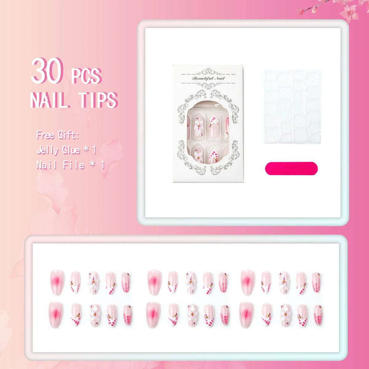 Press-On Nail Set Floral Rhinestone Design Chip-Resistant