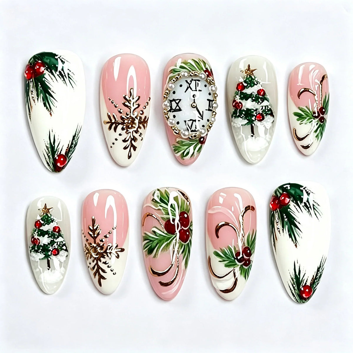 Press-On Nail Set Hand-Painted Christmas Designs No Glue