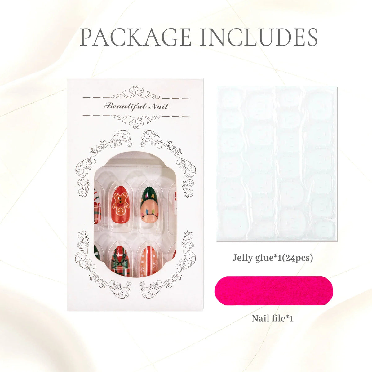 Press-On Nail Set Holiday Designs 24-Piece Glue & File
