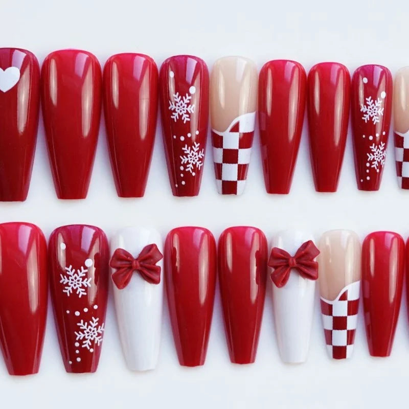 Press-On Nail Set Holiday Red Snowflake & Bow