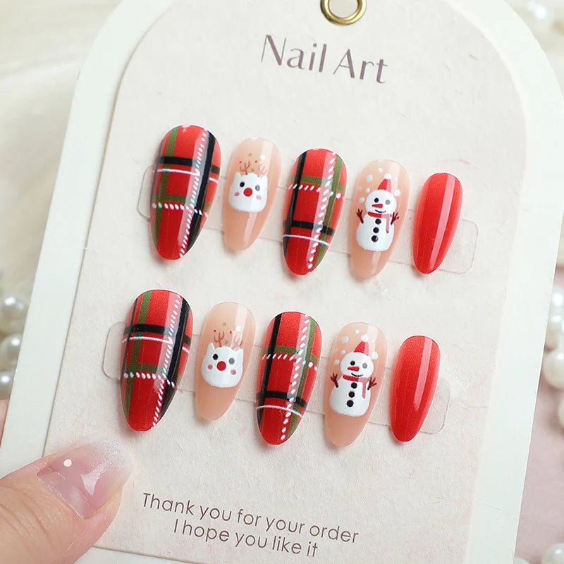 Press-On Nail Set Peel-And-Press Reusable Snowman & Plaid
