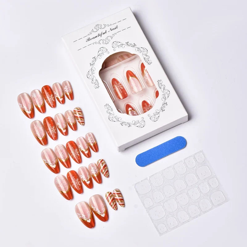 Press-On Nail Set Red & Gold Snowflake Easy Application