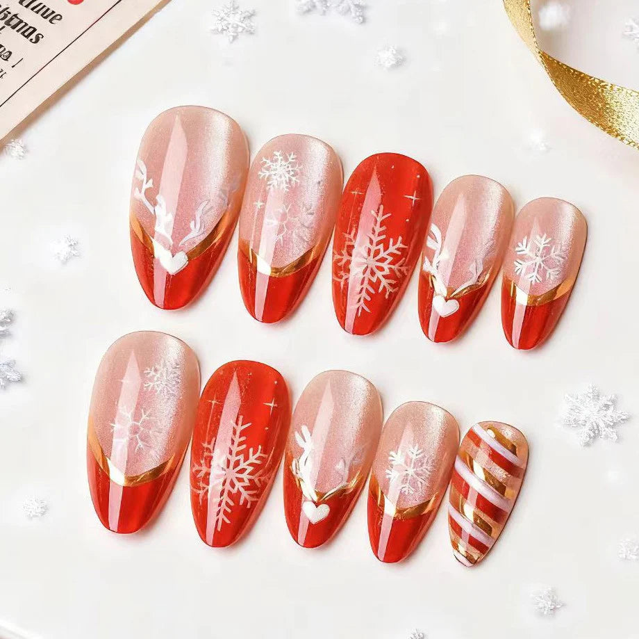 Press-On Nail Set Red & Gold Snowflake Self-Adhesive