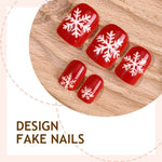 Press-On Nail Set Red Snowflake 24-Piece Glue & Template