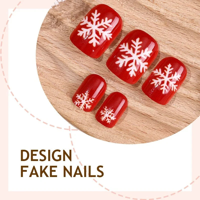 Press-On Nail Set Red Snowflake 24-Piece Glue & Template