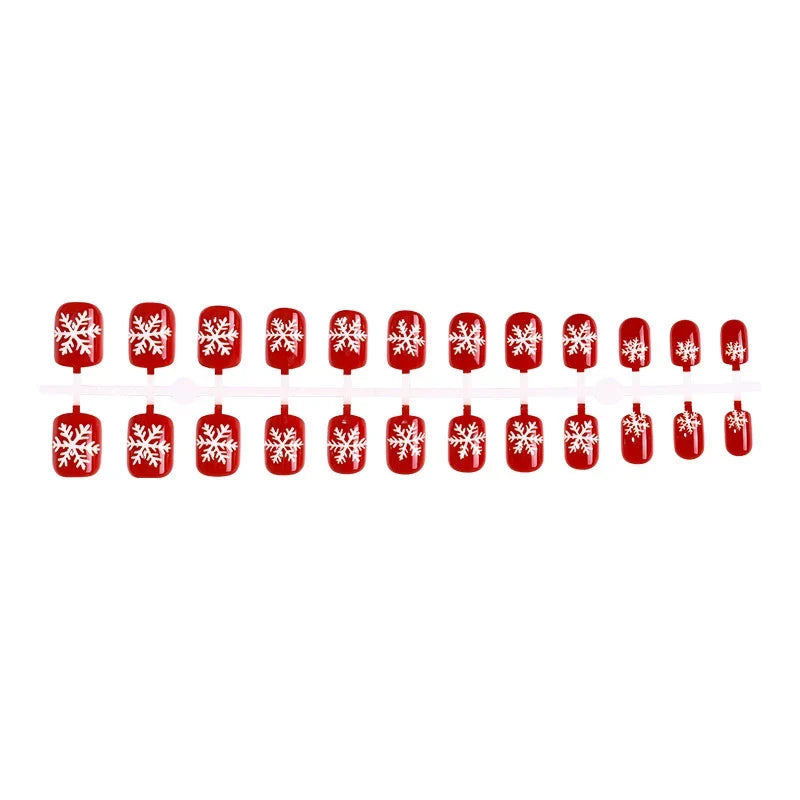 Press-On Nail Set Red Snowflake 24-Piece Glue & Template