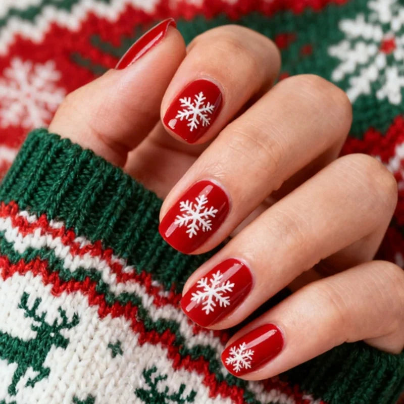 Press-On Nail Set Red Snowflake With Glue & Template