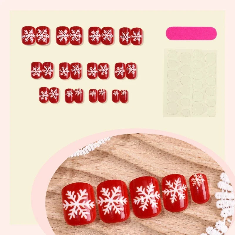 Press-On Nail Set Red Snowflake With Glue & Template