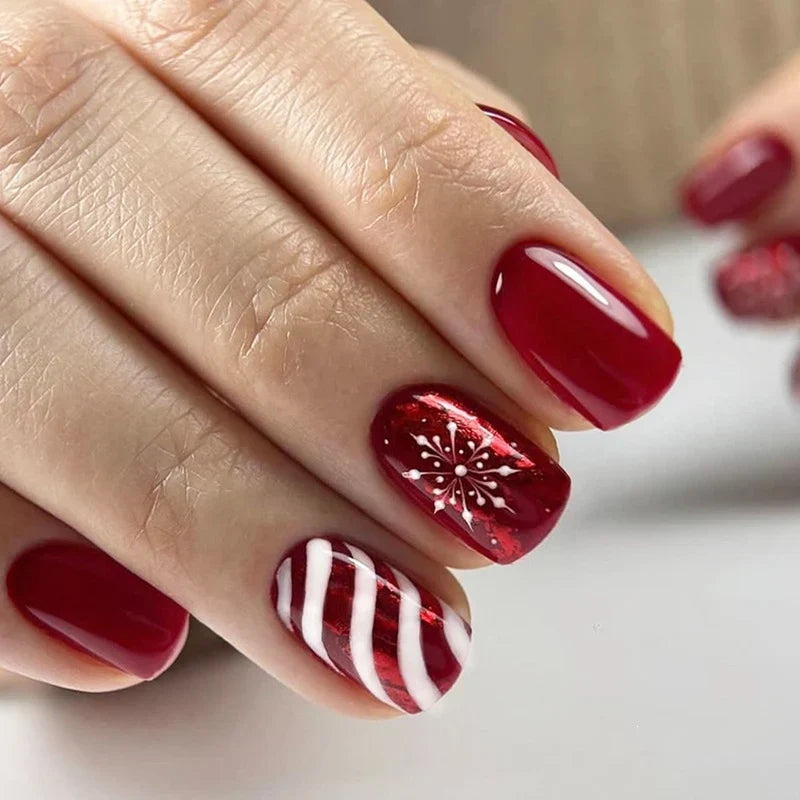 Press-On Nail Set Self-Adhesive Holiday Snowflake & Candy Cane