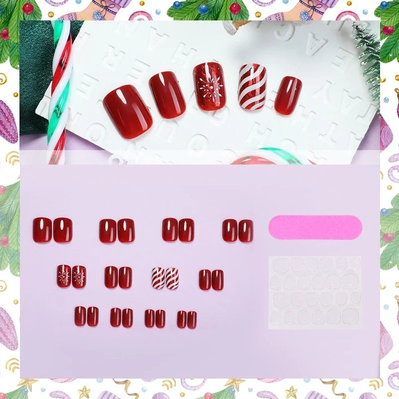 Press-On Nail Set Self-Adhesive Holiday Snowflake & Candy Cane