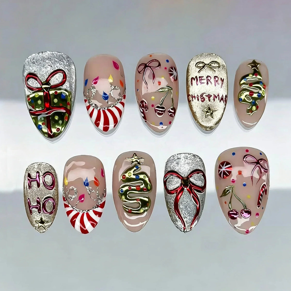 Press-On Nail Set Ten Holiday Designs Reusable