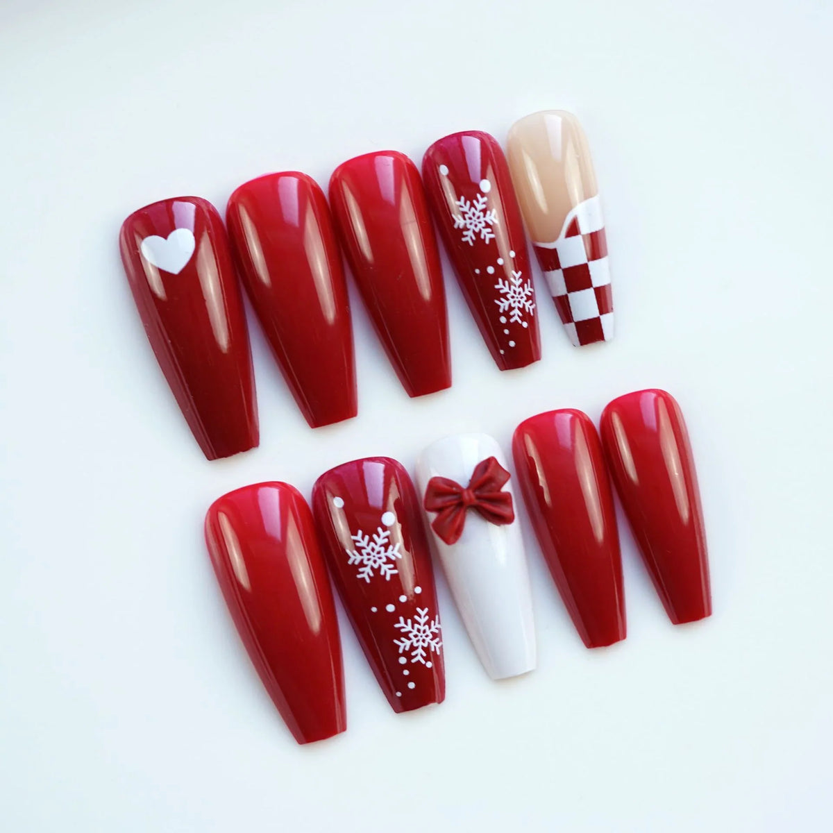 Press-On Nails Festive Red Snowflake & Bow Glue-On