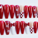 Press-On Nails Festive Red Snowflake & Bow Glue-On