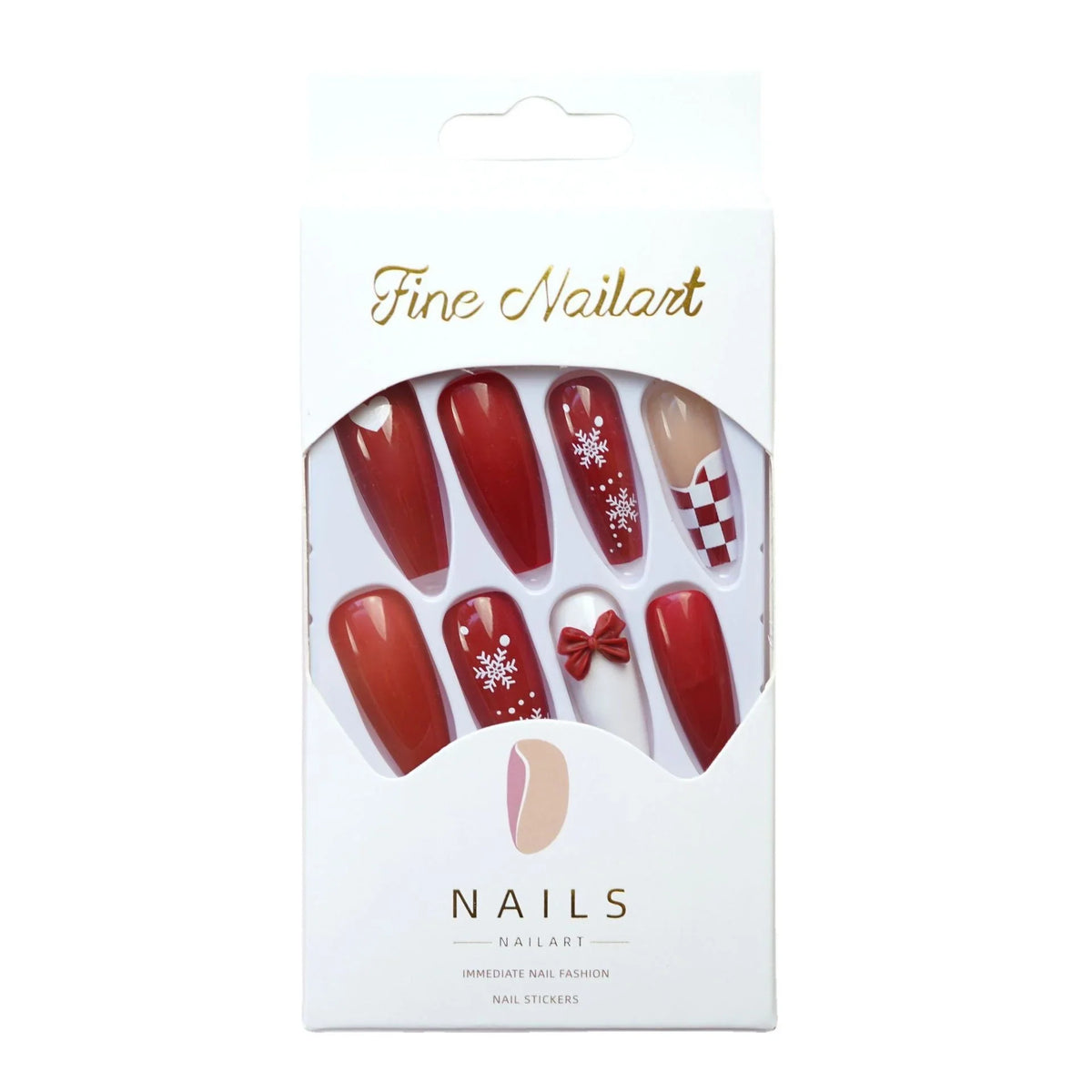 Press-On Nails Festive Red Snowflake & Bow Glue-On