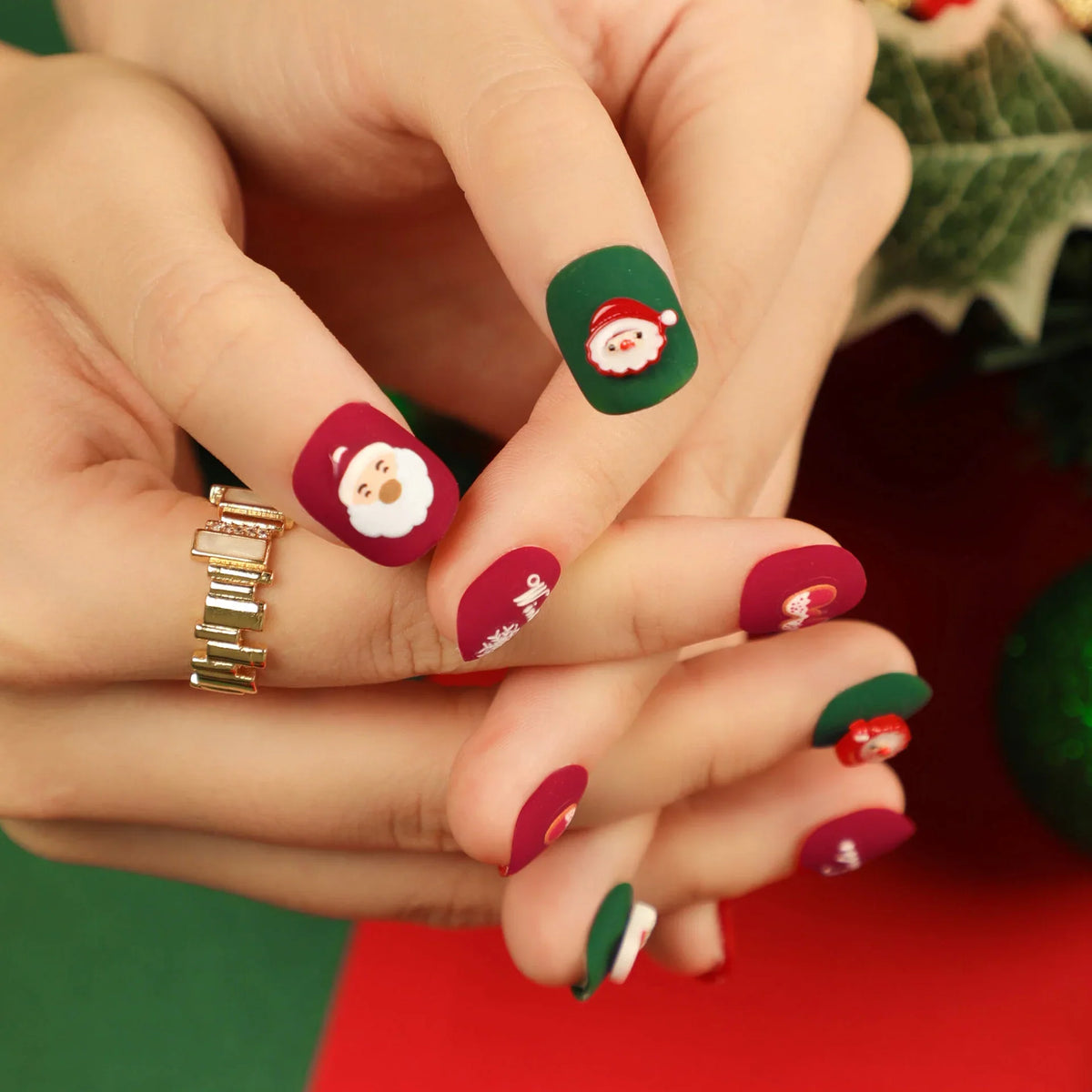 Press-On Nails Festive Santa & Snowflake Blue Glue-On