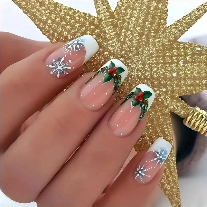 Press-On Nails Holiday Snowflake & Holly Long-Lasting Easy-Apply
