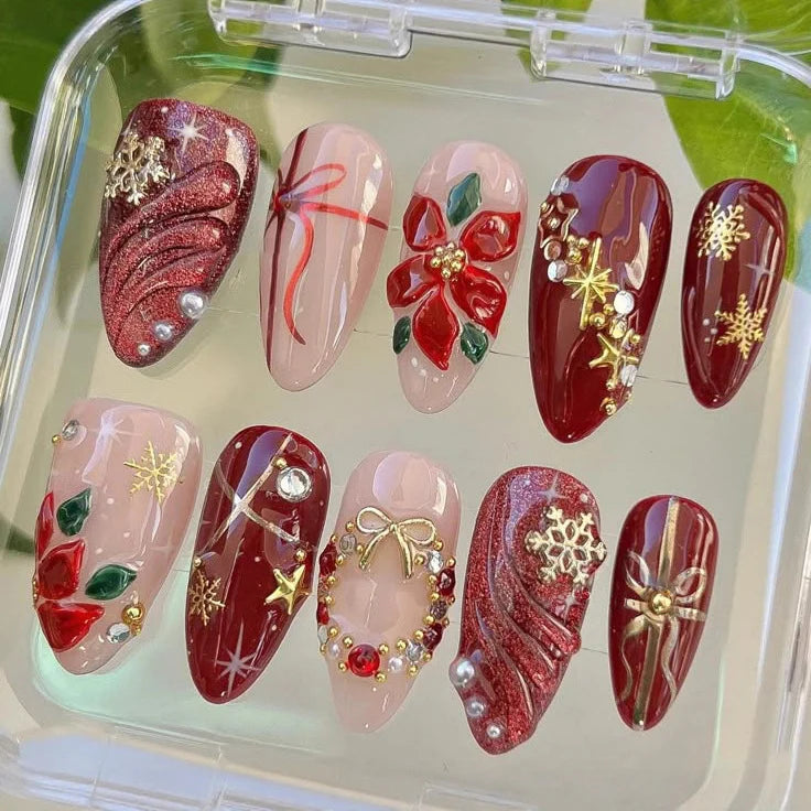Press-On Nails Poinsettia Floral & Metallic Peel-And-Stick