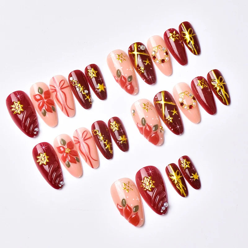 Press-On Nails Poinsettia Floral & Metallic Peel-And-Stick