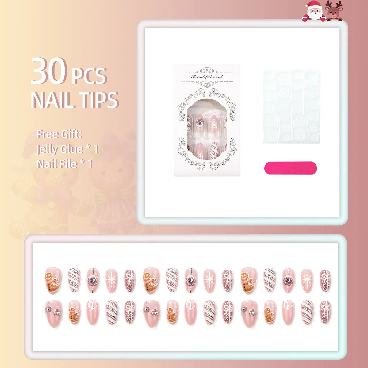 Press-On Nails Pre-Glued Holiday Designs Assorted Sizes