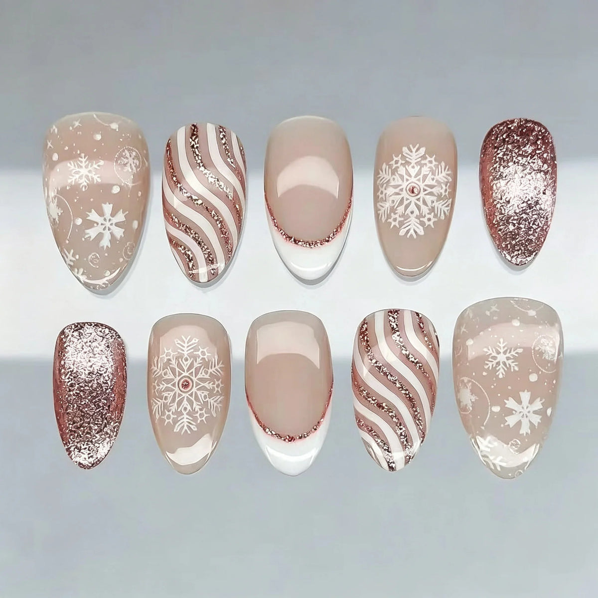 Press-On Nails Snowflake Design & Rose Gold Accents