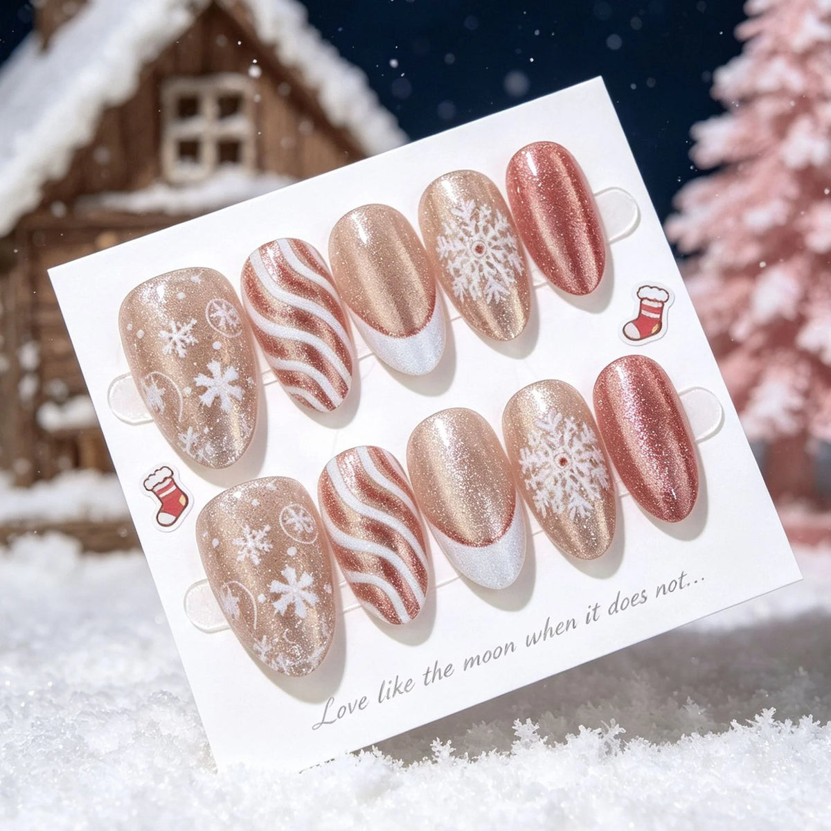 Press-On Nails Snowflake Design Rose Gold Accents Long-Lasting Wear