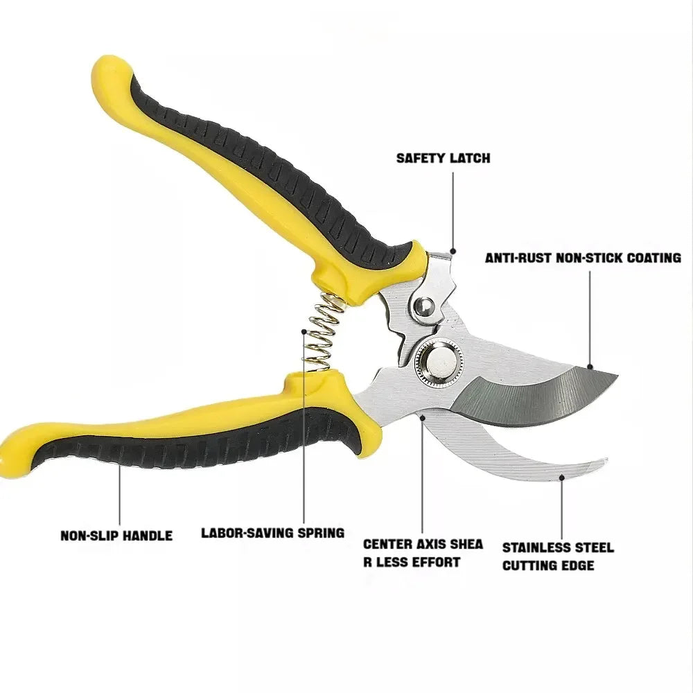 Pruning Shears Stainless Steel Blades Safety Lock & Non-Slip Grip