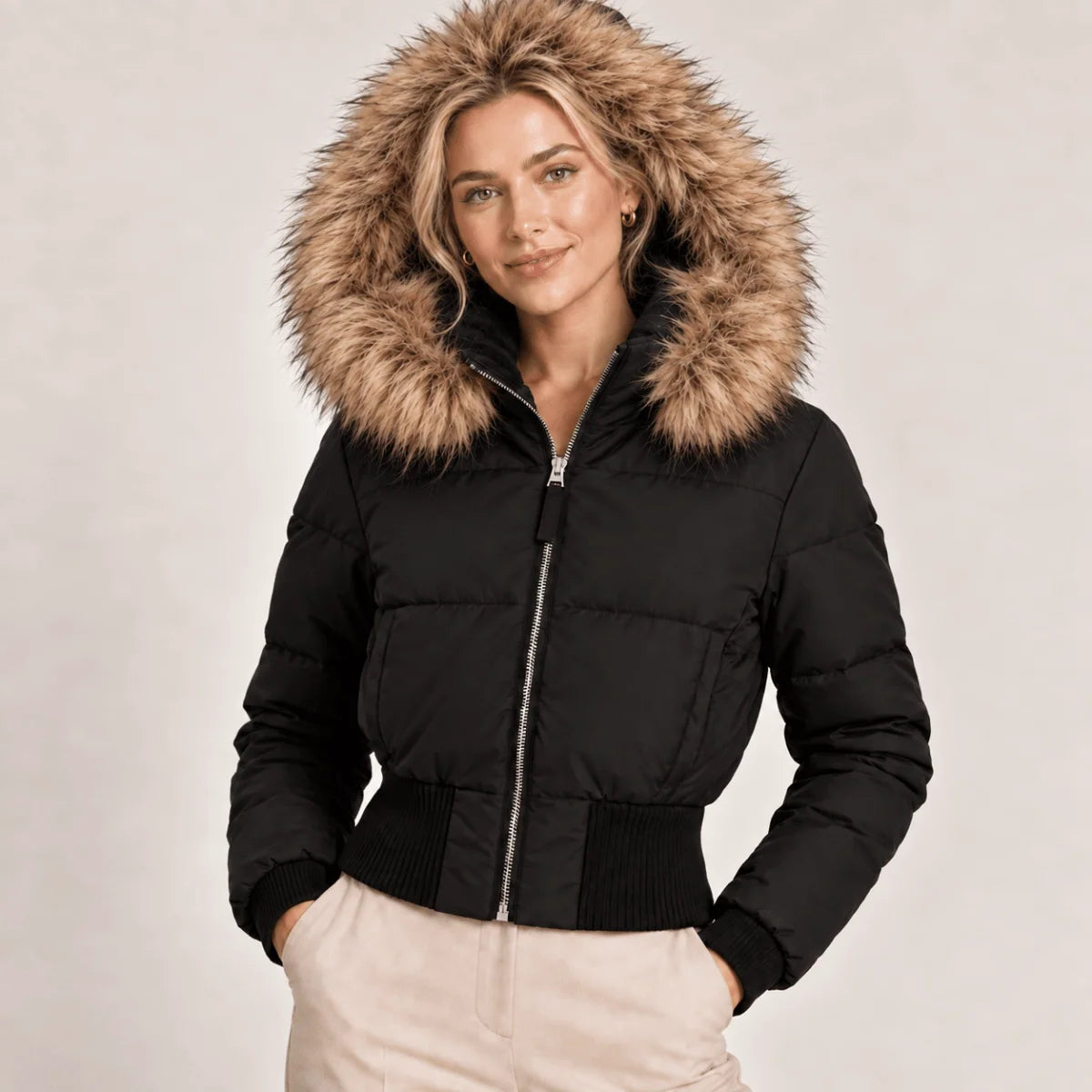 Puffer Jacket Cropped Quilted Faux Fur Hood
