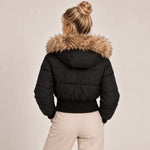 Puffer Jacket Cropped Quilted Faux Fur Hood