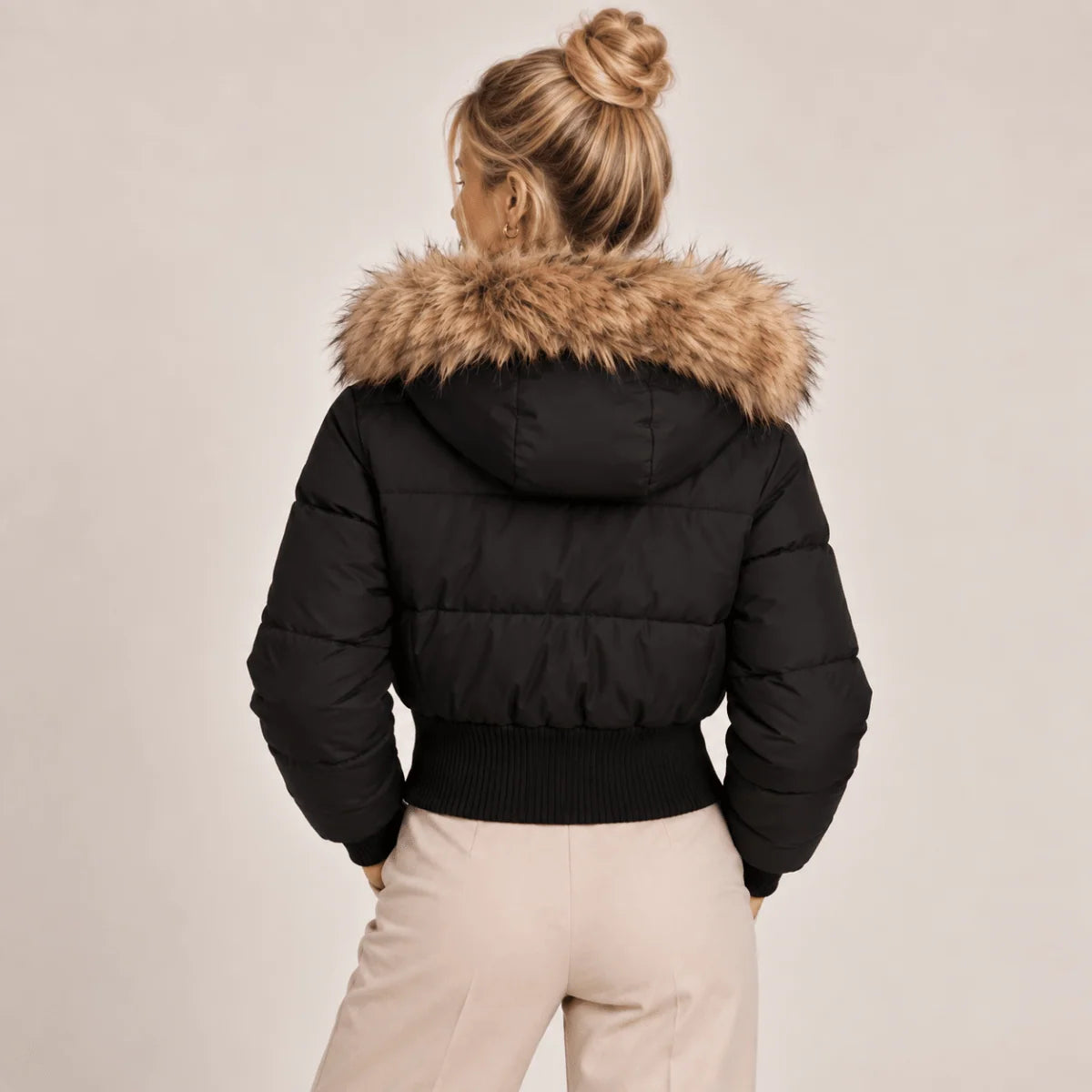 Puffer Jacket Cropped Quilted Faux Fur Hood