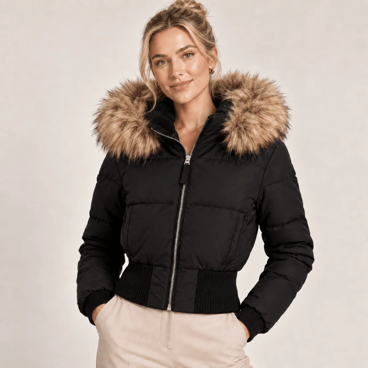 Puffer Jacket Cropped Quilted Faux Fur Hood