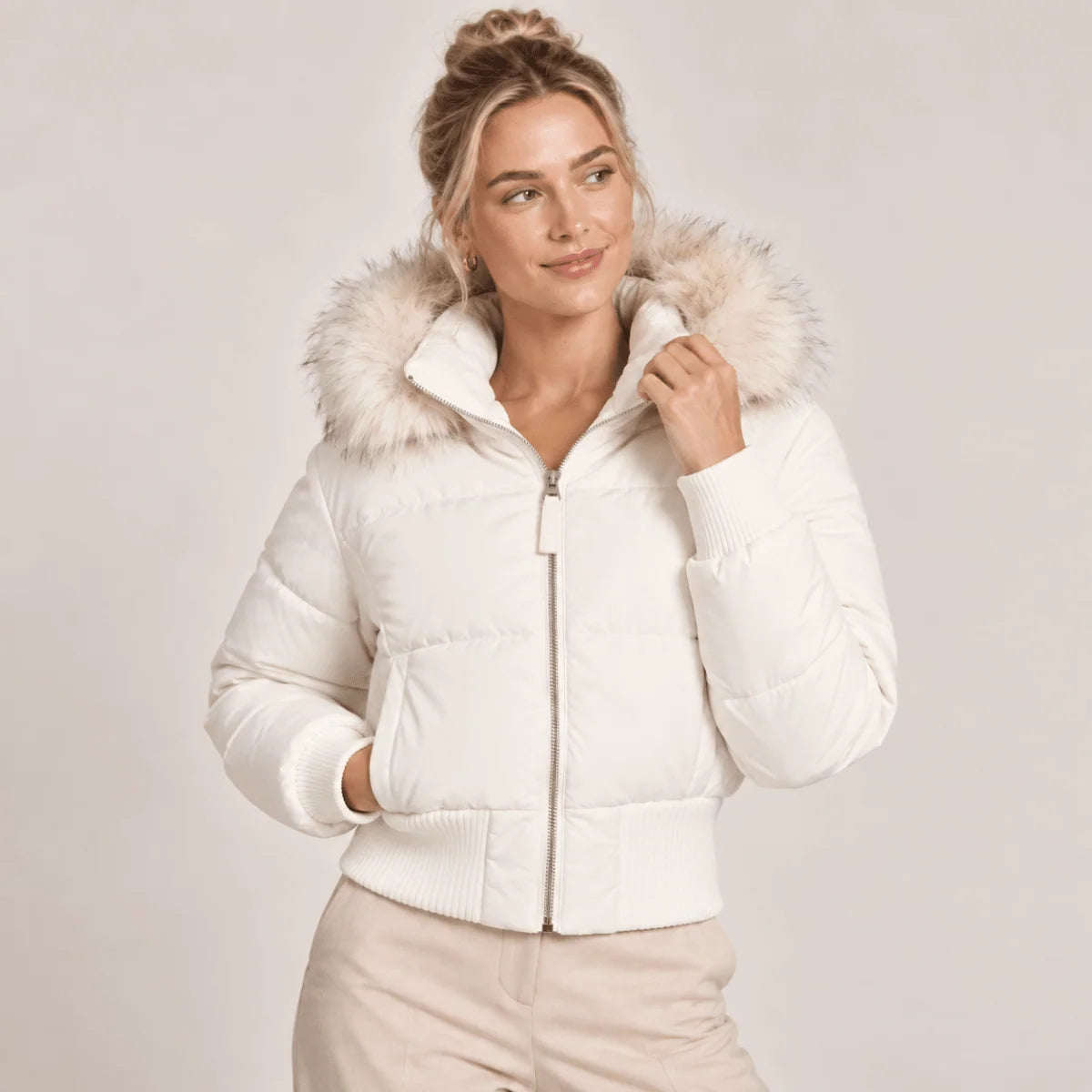 Puffer Jacket Cropped Quilted Faux Fur Hood