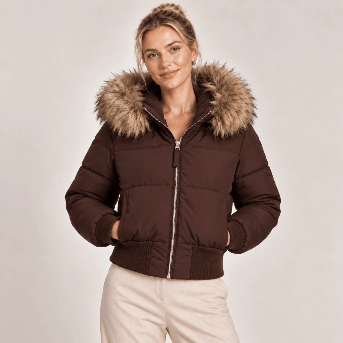 Puffer Jacket Cropped Quilted Faux Fur Hood