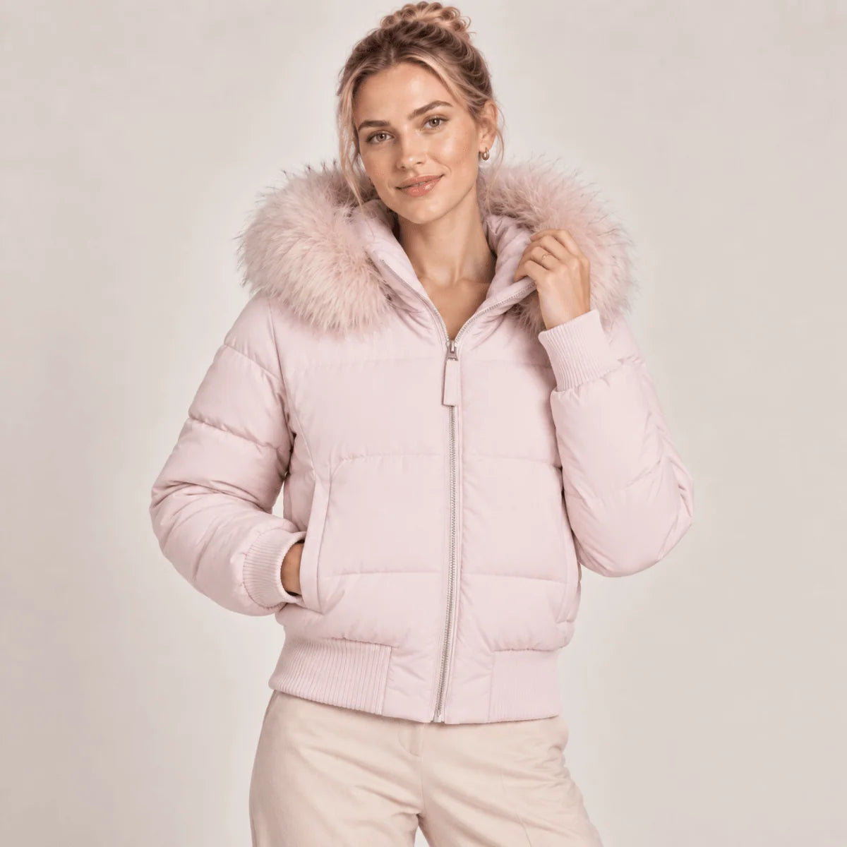 Puffer Jacket Cropped Quilted Faux Fur Hood
