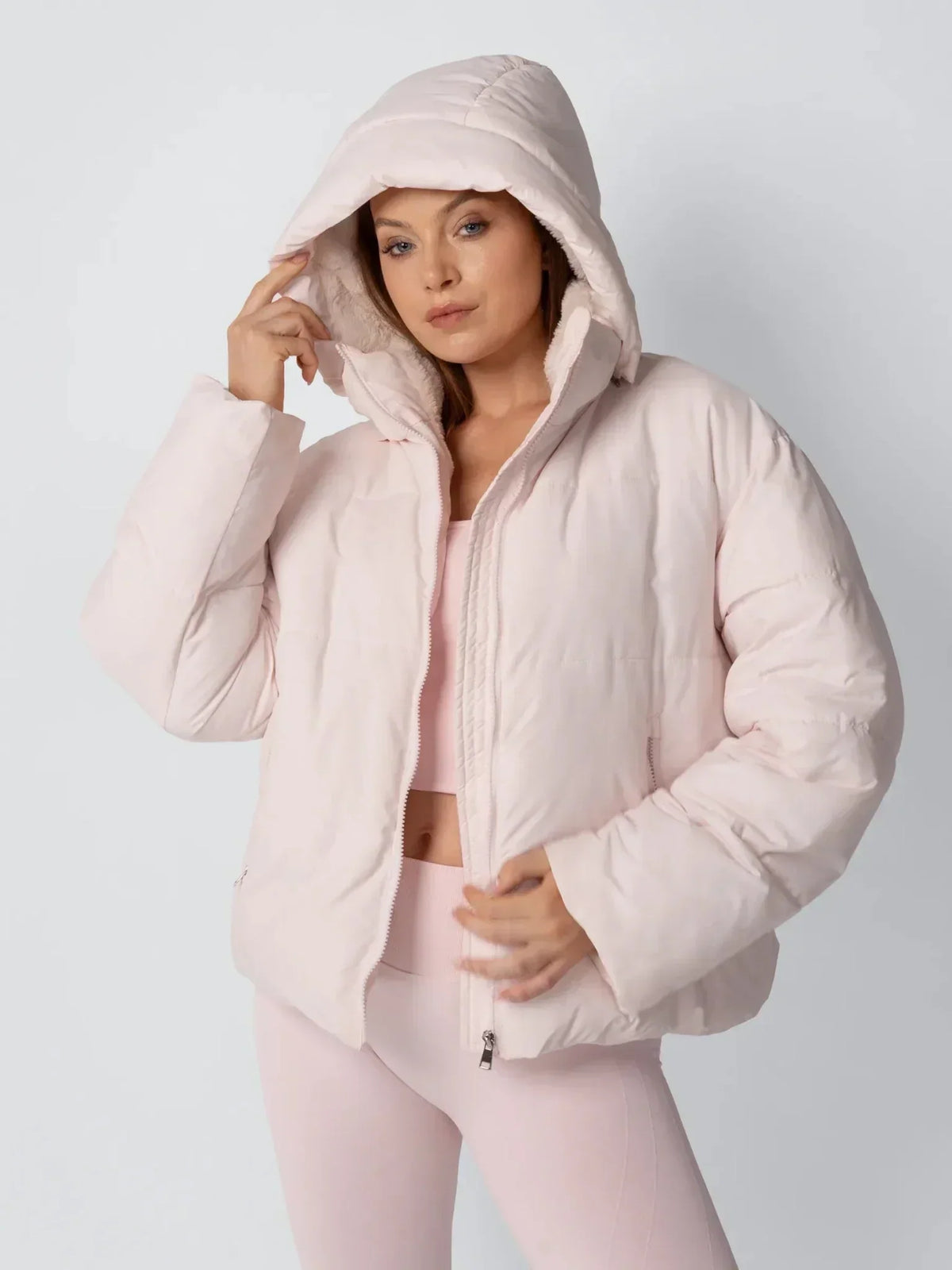 Puffer Jacket Cropped Quilted Faux Fur Lined Detachable Hood