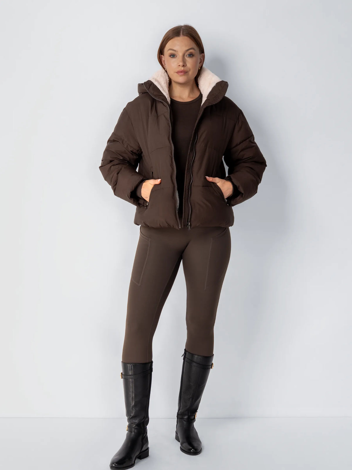 Puffer Jacket Cropped Quilted Faux Fur Lined Detachable Hood