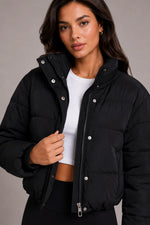 Puffer Jacket Cropped Quilted Hooded with Zip Pockets