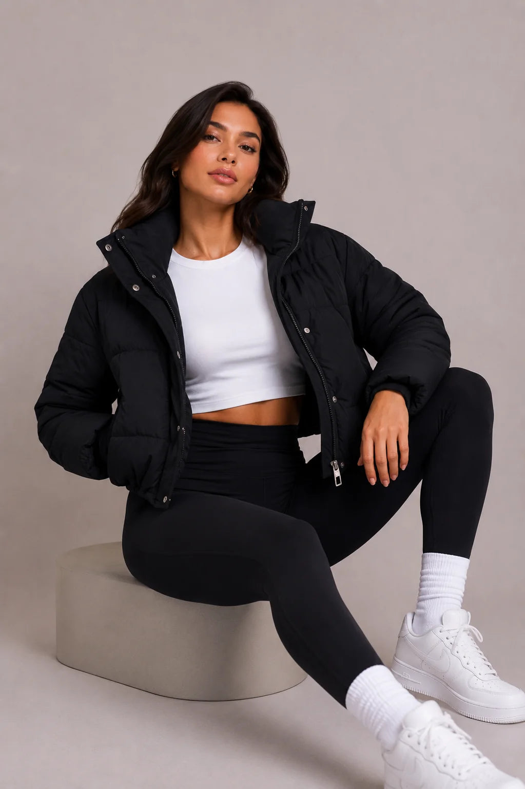 Puffer Jacket Cropped Quilted Hooded with Zip Pockets