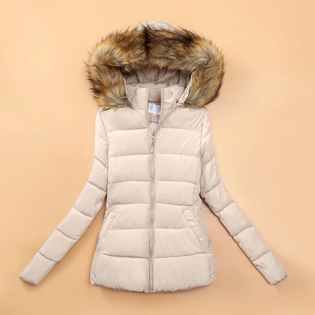 Puffer Jacket Quilted Faux Fur Hood Cropped