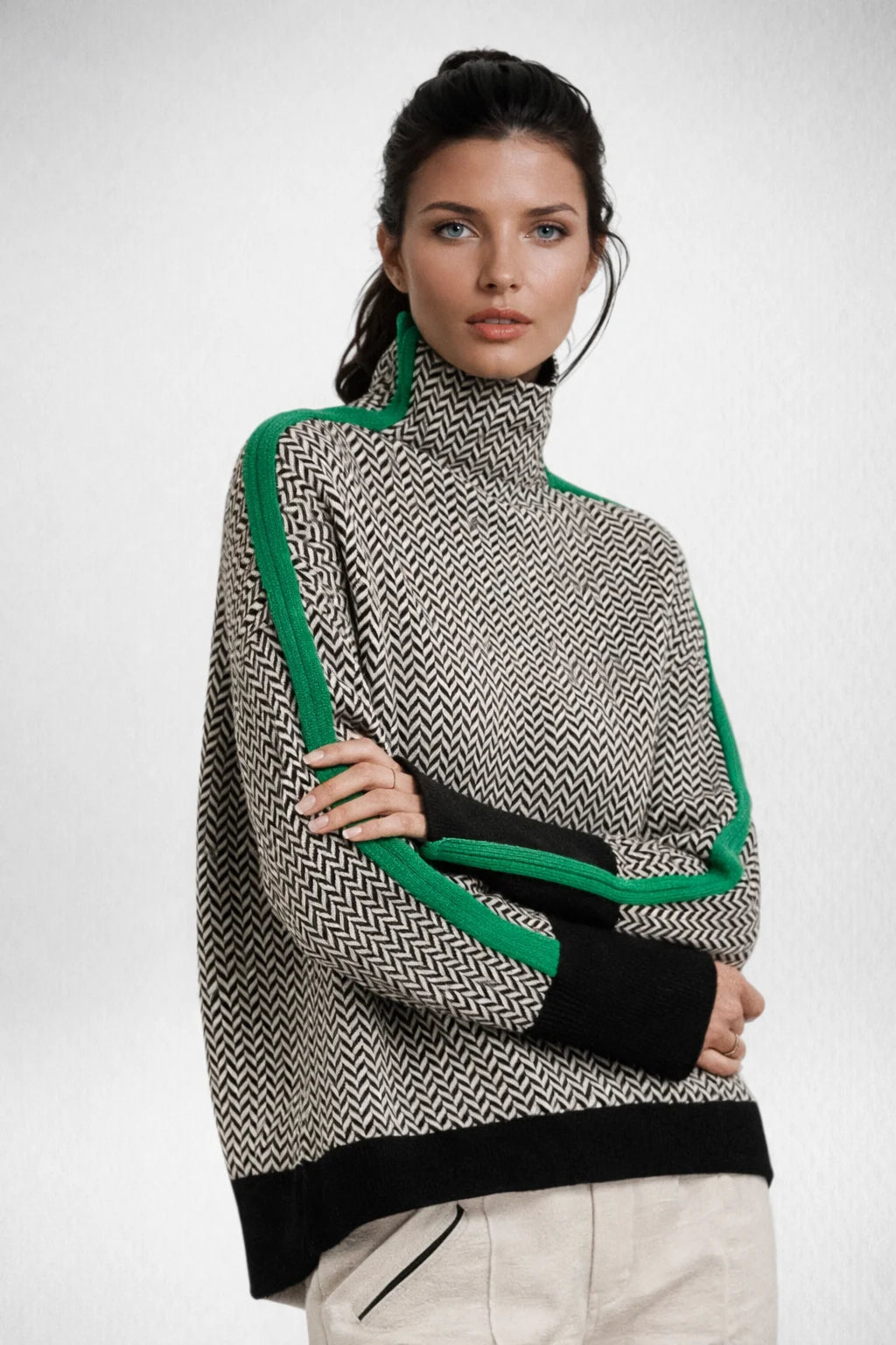 Pullover Wool Cashmere Blend Contrast Stripes Roll Neck