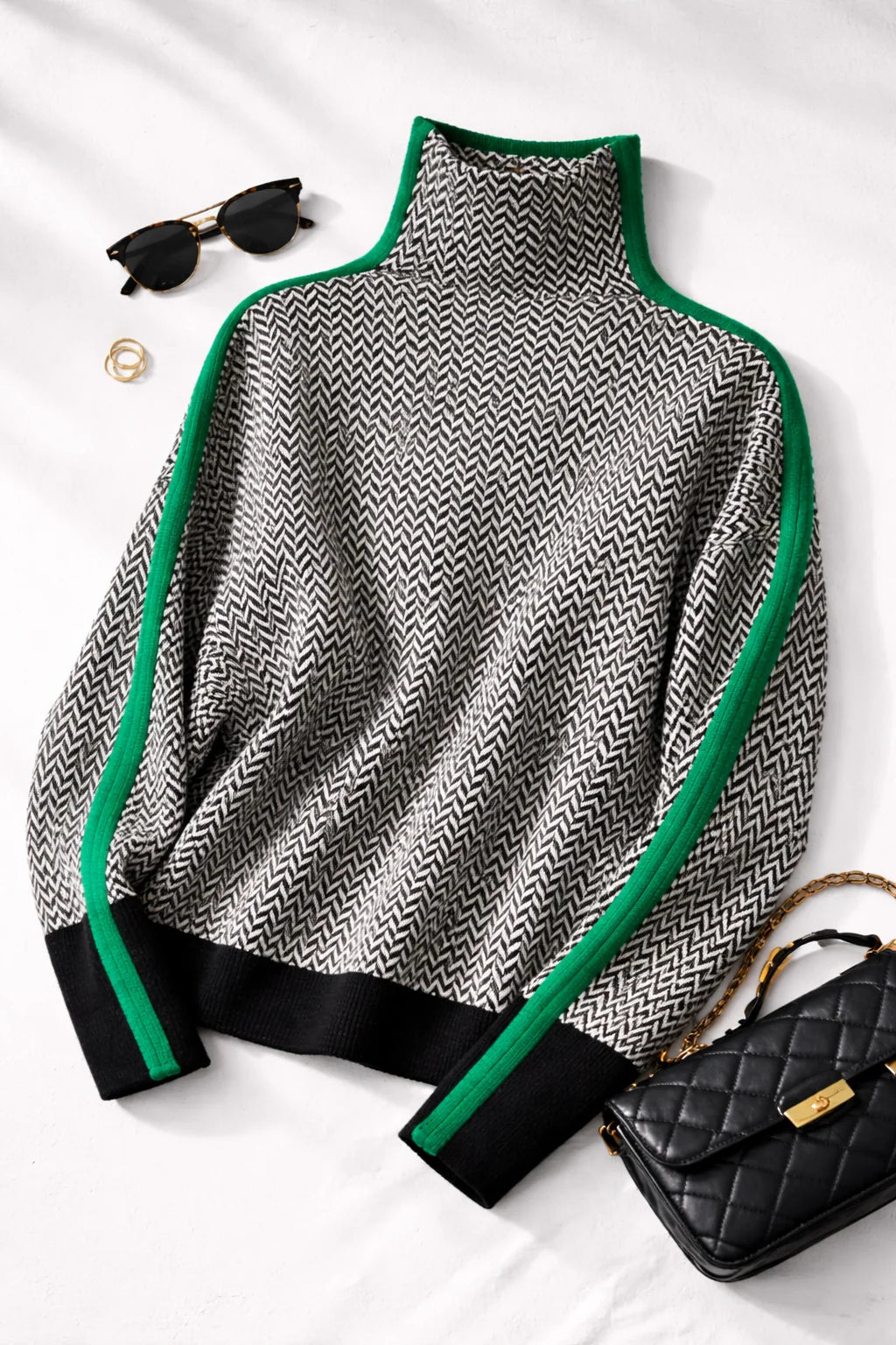 Pullover Wool Cashmere Blend Contrast Stripes Roll Neck