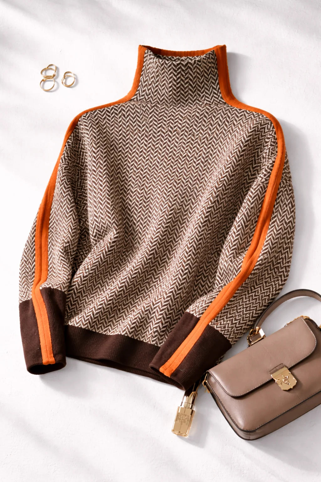 Pullover Wool Cashmere Blend Contrast Stripes Roll Neck