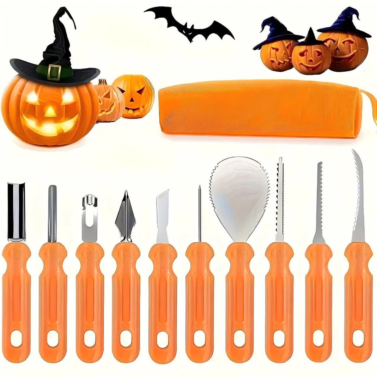 Pumpkin Carving Tool Set Stainless Steel Blades Non-Slip Grip Storage Bag