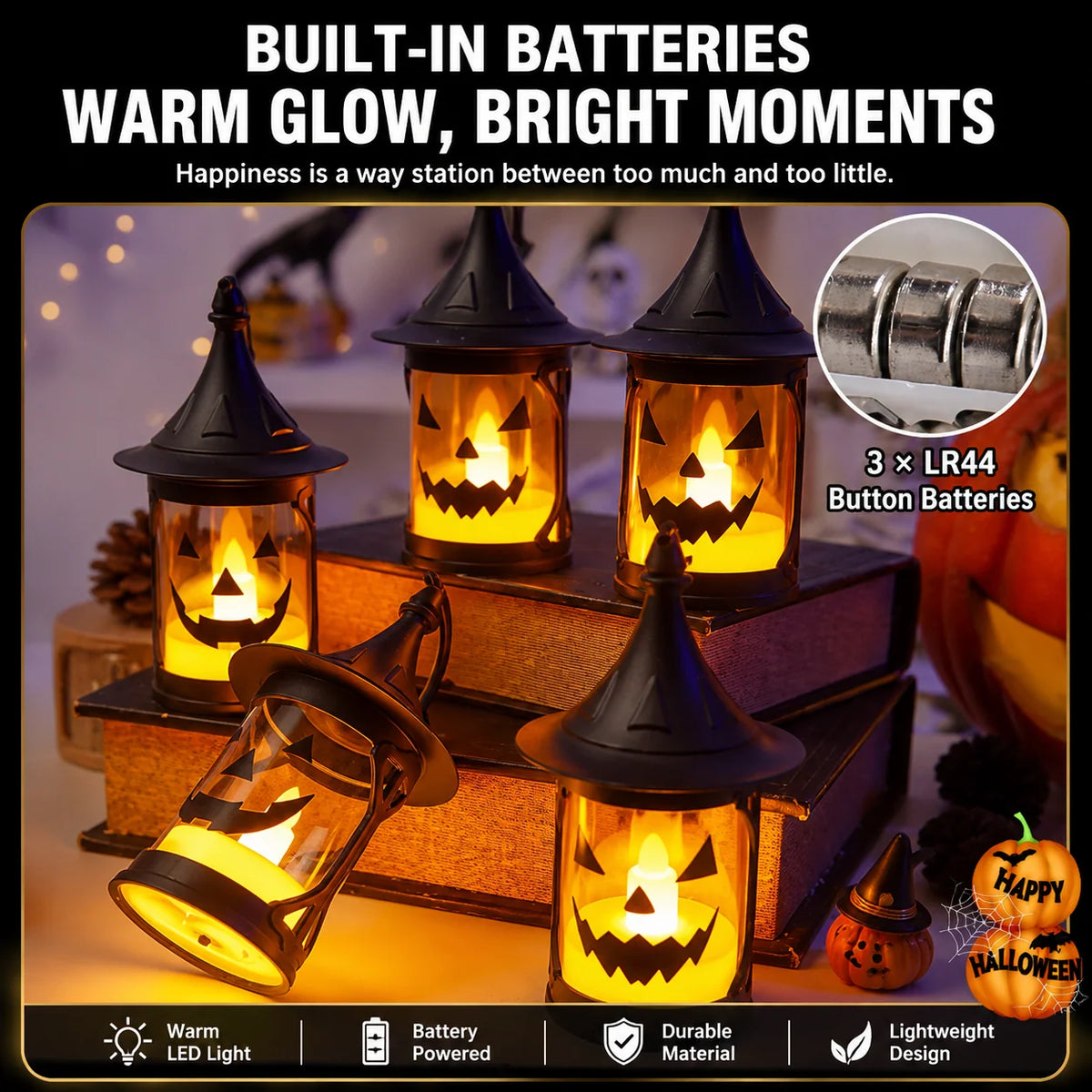 Pumpkin Lantern Witch Hat Design Warm LED Glow