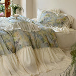 Quilted Bed Set 4-Piece Watercolor Floral Ruffled Trim