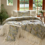 Quilted Bed Set 4-Piece Watercolor Floral Ruffled Trim