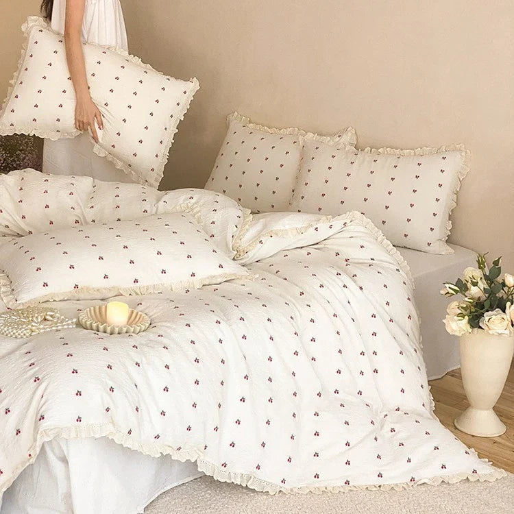 Quilted Bedding Set Cotton Muslin Cherry Print Ruffle Edge