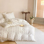 Quilted Bedding Set Cotton Muslin Cherry Print Ruffle Edge