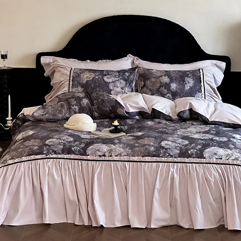 Quilted Bedding Set Cotton Satin Rose Watercolor Print