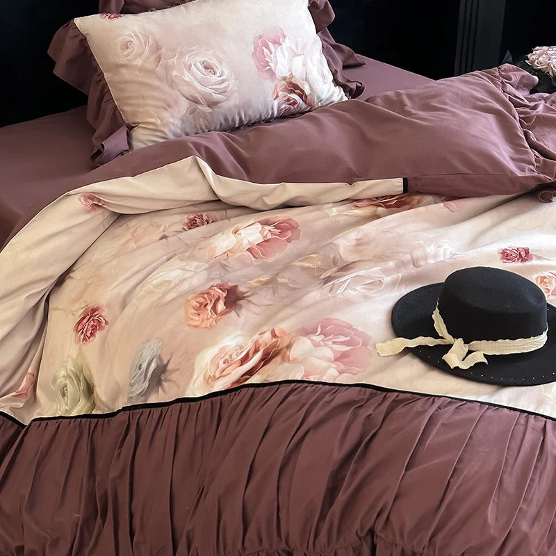 Quilted Bedding Set Cotton Satin Rose Watercolor Print